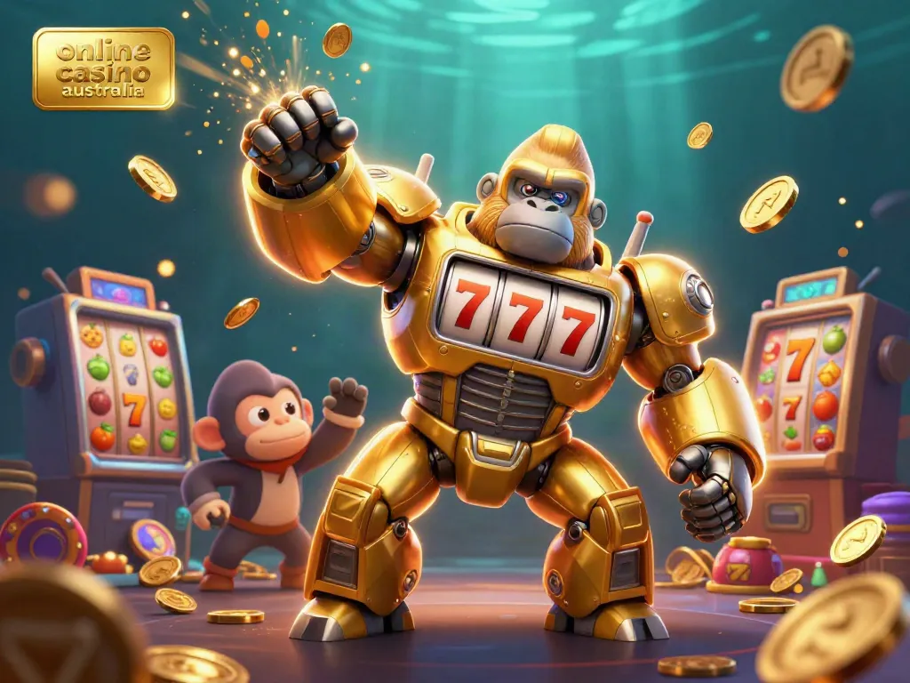 Experience the excitement of online casino Australia with a vibrant 3D golden gorilla mech and spinning slot machine elements.