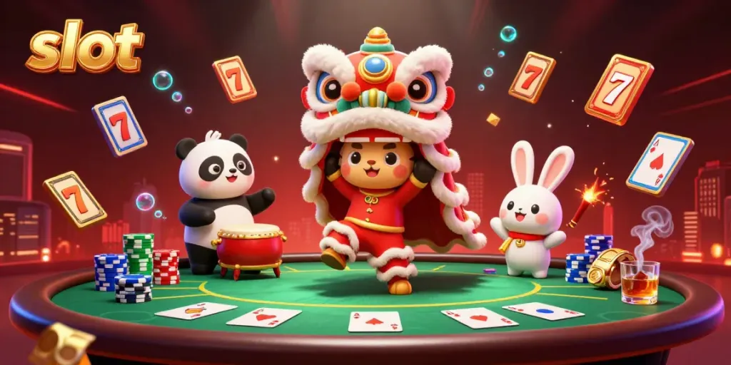 Slot mesin dengan karakter berwarna cerah merayakan Tahun Baru Cina, dipenuhi kemeriahan.
