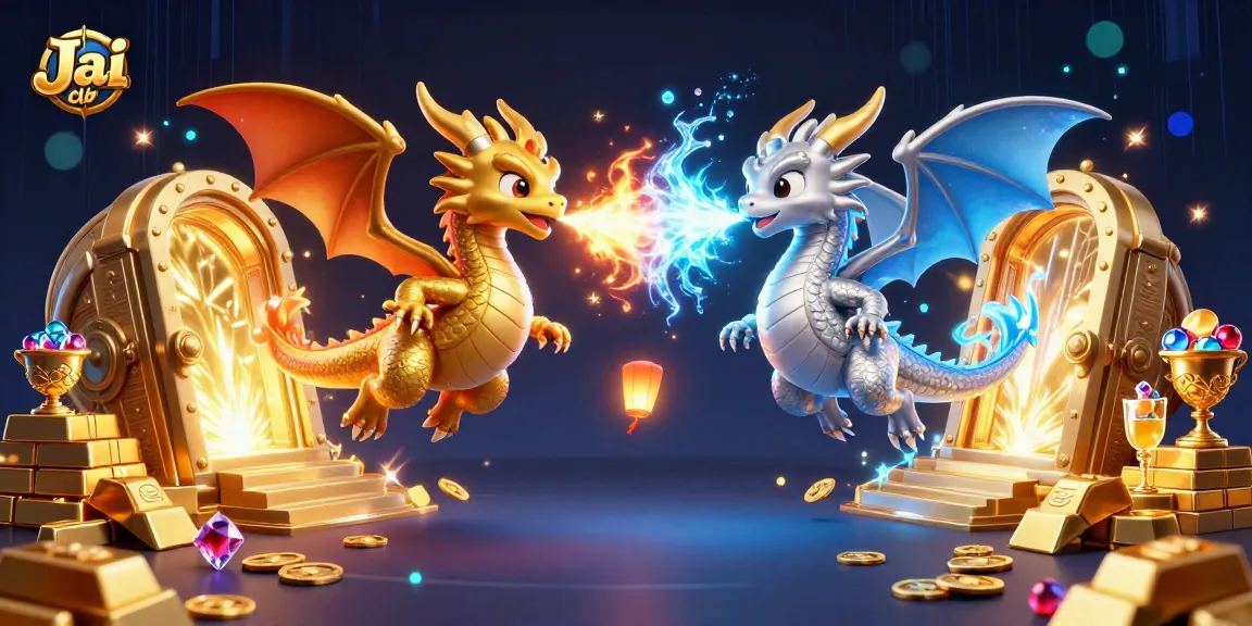 Experience thrilling moments at Jai club where twin dragons battle amidst treasure in a vibrant casino world.