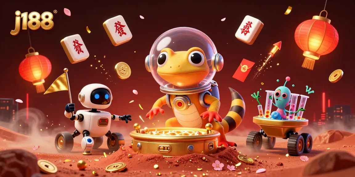 Explore the exciting world of j188 with a Martian gecko discovering a golden casino in a vibrant 3D illustration.