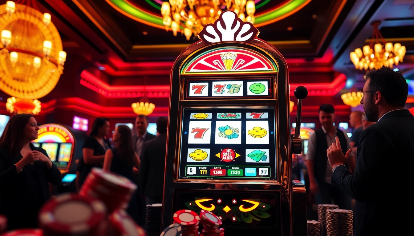 Slot gacor menarik perhatian di kasino dalam suasana penuh kegembiraan dan warna.