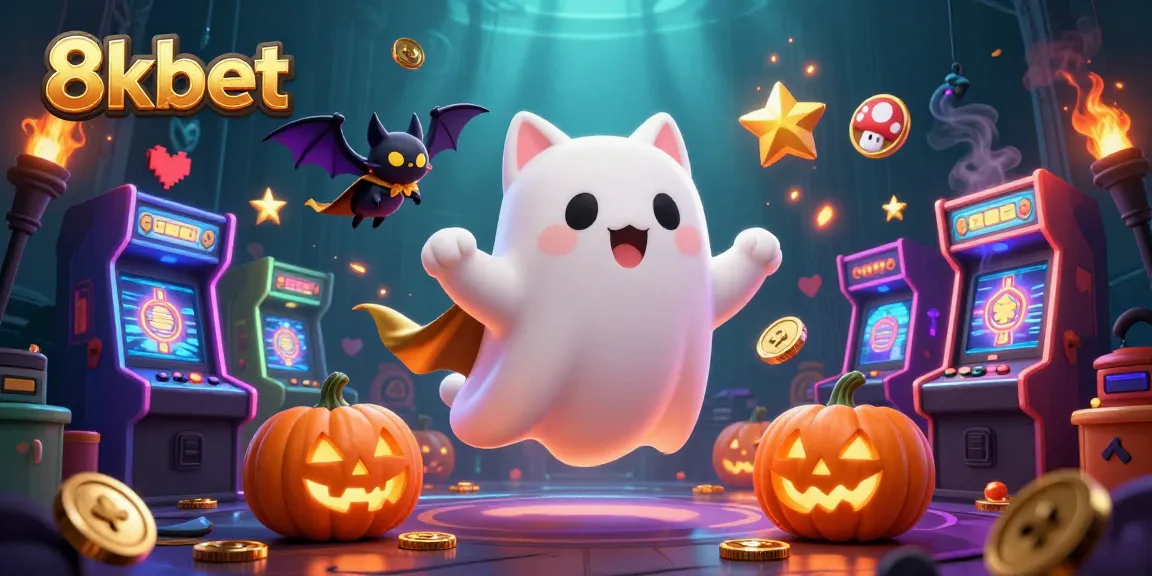 Experience the thrill of 8xbet with a ghost cat and vampire bat in a vibrant casino