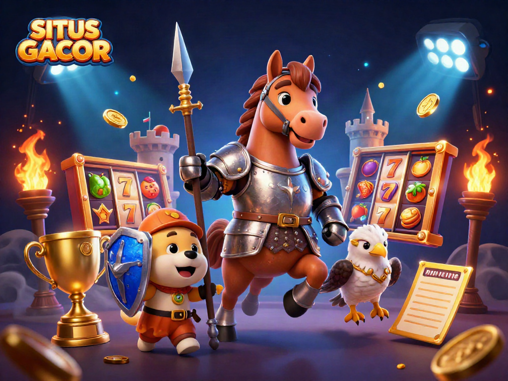 SITUS GACOR showcases a knight and squire in a thrilling slot adventure featuring spinning reels and jackpot excitement.