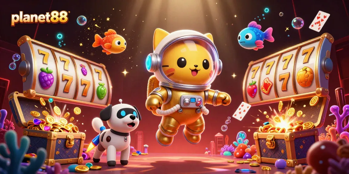 Play slots with planet88 as a 3D astronaut cat spins lucky reels in a vibrant casino atmosphere.