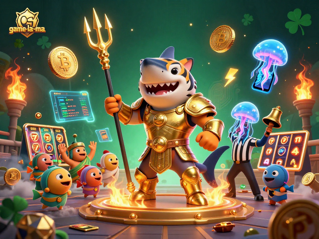 Experience thrilling gameplay at game-la-ma with a dynamic underwater casino scene featuring a gladiatorial tiger shark.