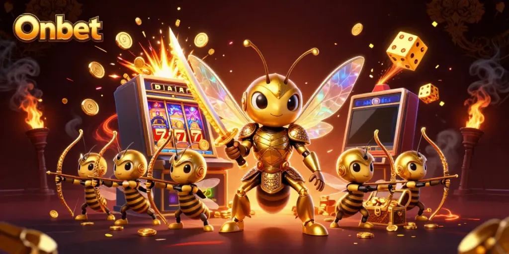 Experience the thrilling Onbet slot machine jackpot with exciting characters and vibrant casino elements.