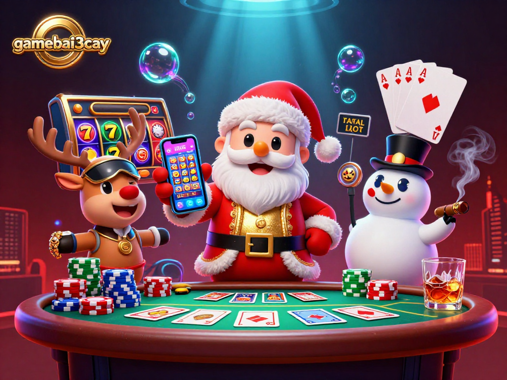 Play jackpot slots with gamebai3cay featuring Santa, reindeer, and a poker chip snowman.
