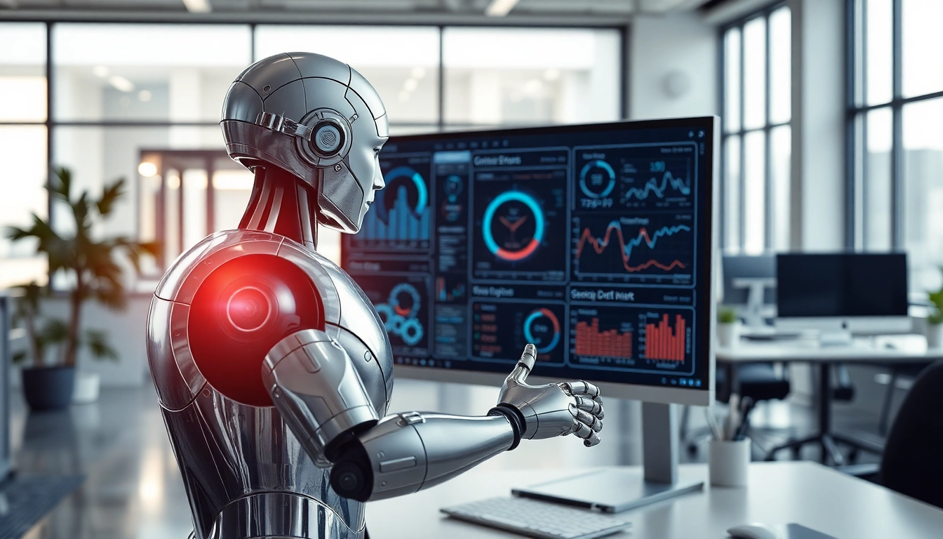 AI agents performing tasks in a modern office setup with advanced technology.