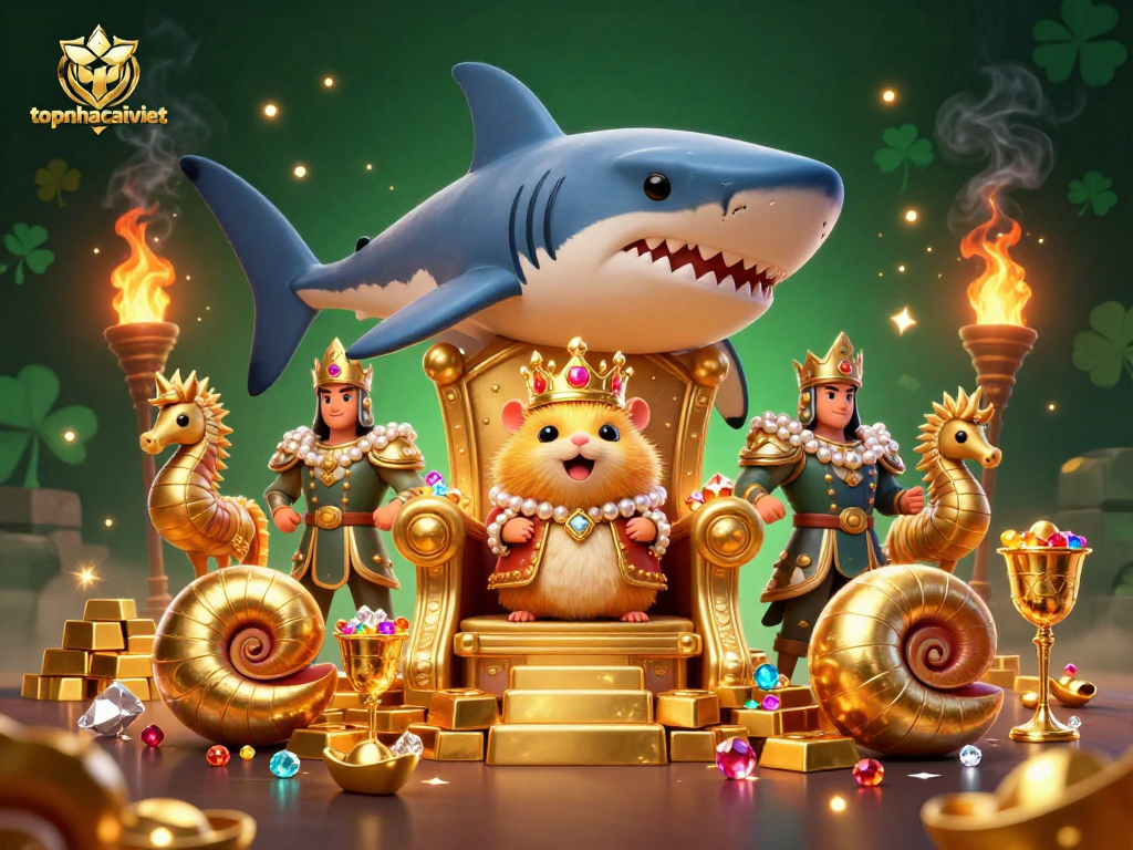 Experience the thrill at topnhacaiviet with a fierce golden hamster king in a vibrant casino illustration.