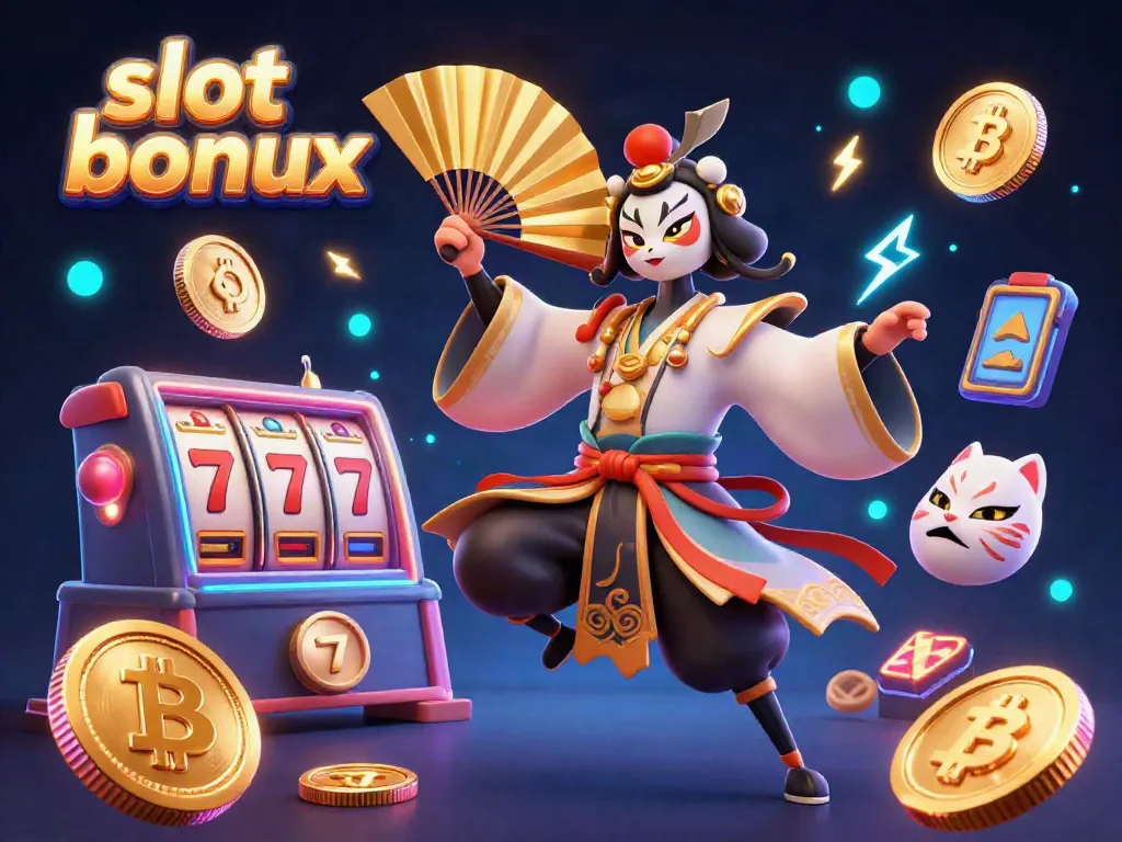 Engage with slot bonus features in a vibrant casino scene featuring a kabuki warrior and a kitsune mask.