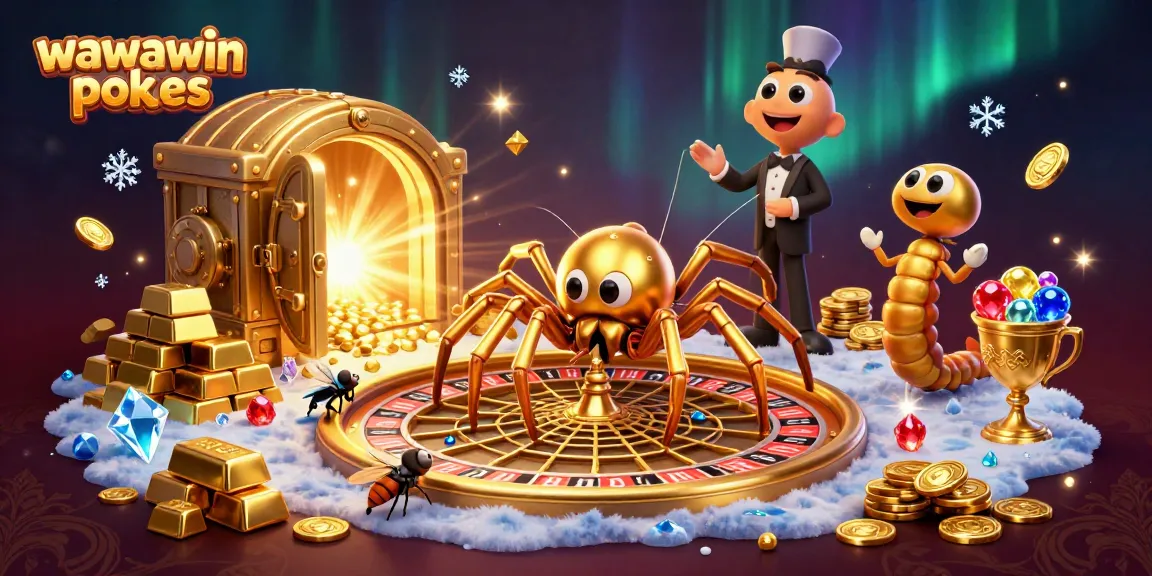 Bet on wawawin pokies with a golden spider and centipede croupier in a vibrant casino scene.