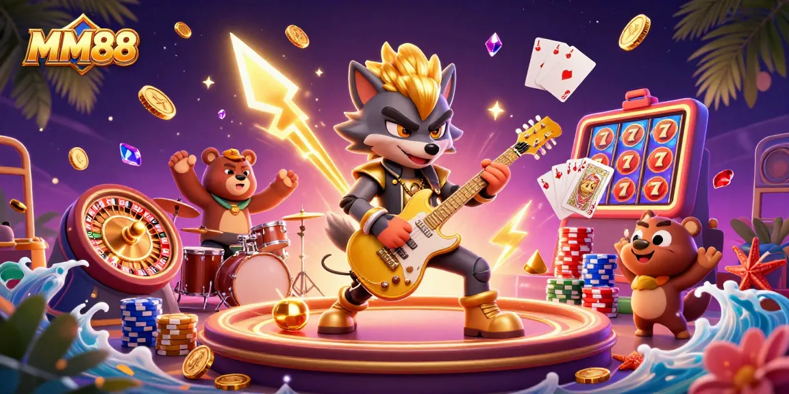 Experience the excitement of MM88 with a lively casino scene featuring vibrant characters and game elements.