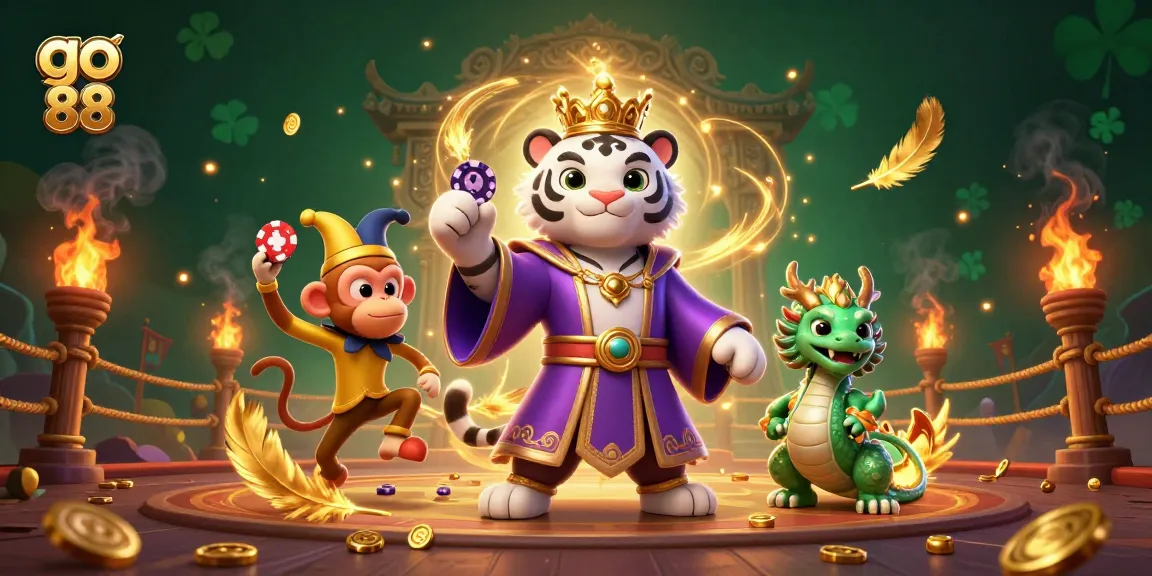 Engage with go 88 in a vibrant casino scene featuring a royal tiger, jester monkey, and dragon amidst golden gaming symbols.