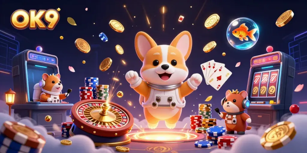 OK9 casino atmosphere with a floating astronaut corgi and rich gambling elements in zero gravity.