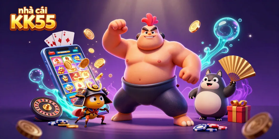 Engage with nhà cái KK55 as a powerful sumo rooster battles a fierce samurai cricket amidst dynamic casino elements.