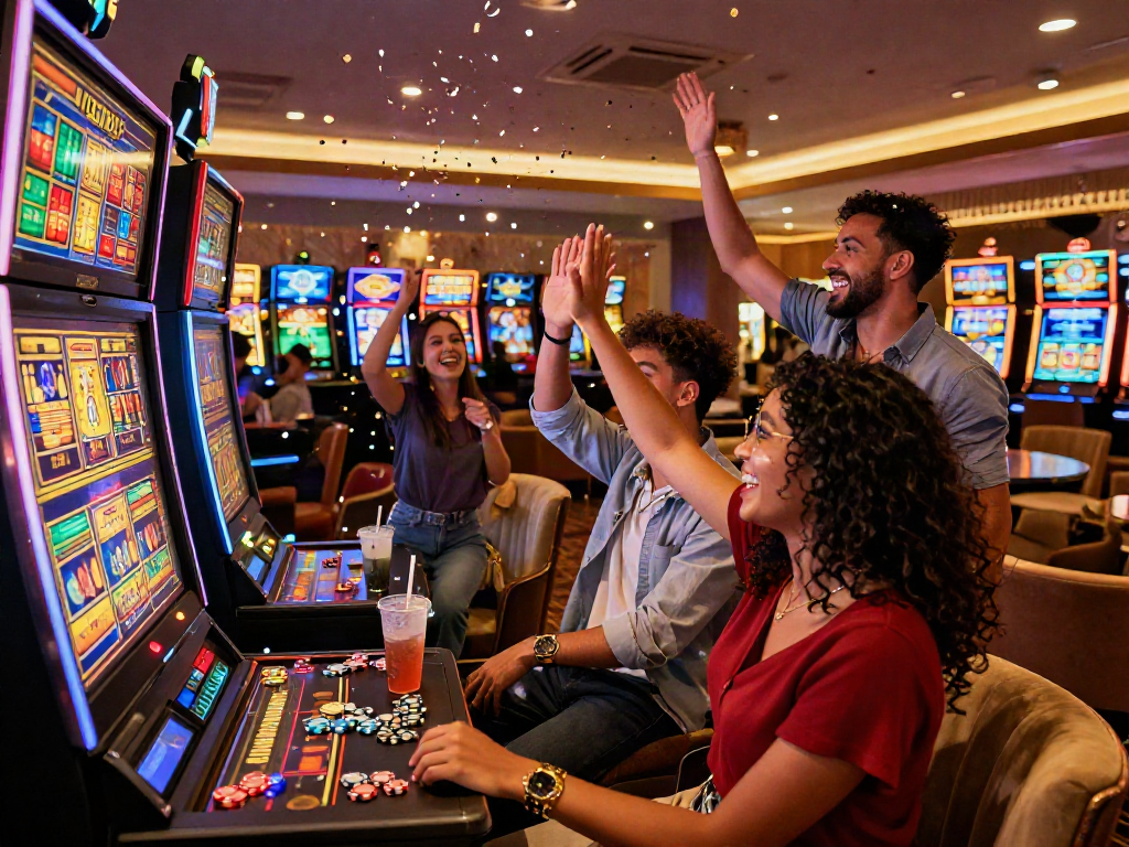 Exciting moment at a slot depo 5k gaming lounge, friends celebrating a jackpot win.