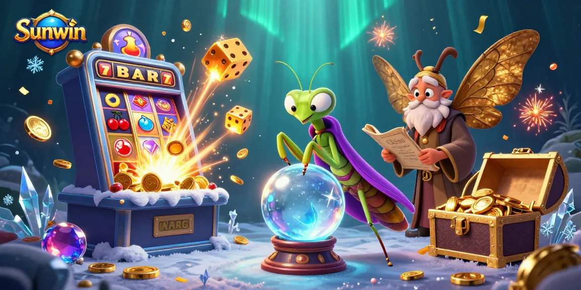 Experience Sunwin's vibrant casino world with dynamic characters and flying game elements in this captivating illustration.