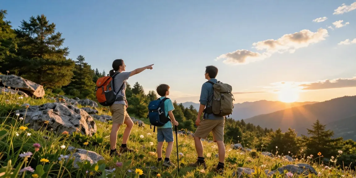 A family enjoying a sunset adventure in the mountains, embodying the spirit of mantra88 with hiking gear and breathtaking scenery.