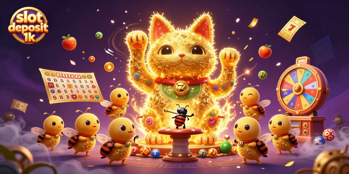Gambarkan kemeriahan slot deposit 1k dengan kucing keberuntungan berwarna emas dan simbol-simbol kasino.