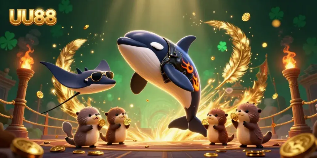 Experience the exciting atmosphere of UU88 with lively characters engaging in casino activities.