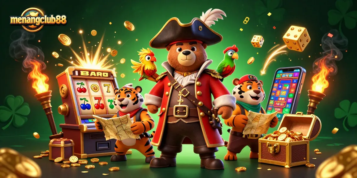 Engage in thrilling adventures at menangclub88 with characters and an immersive casino scene.