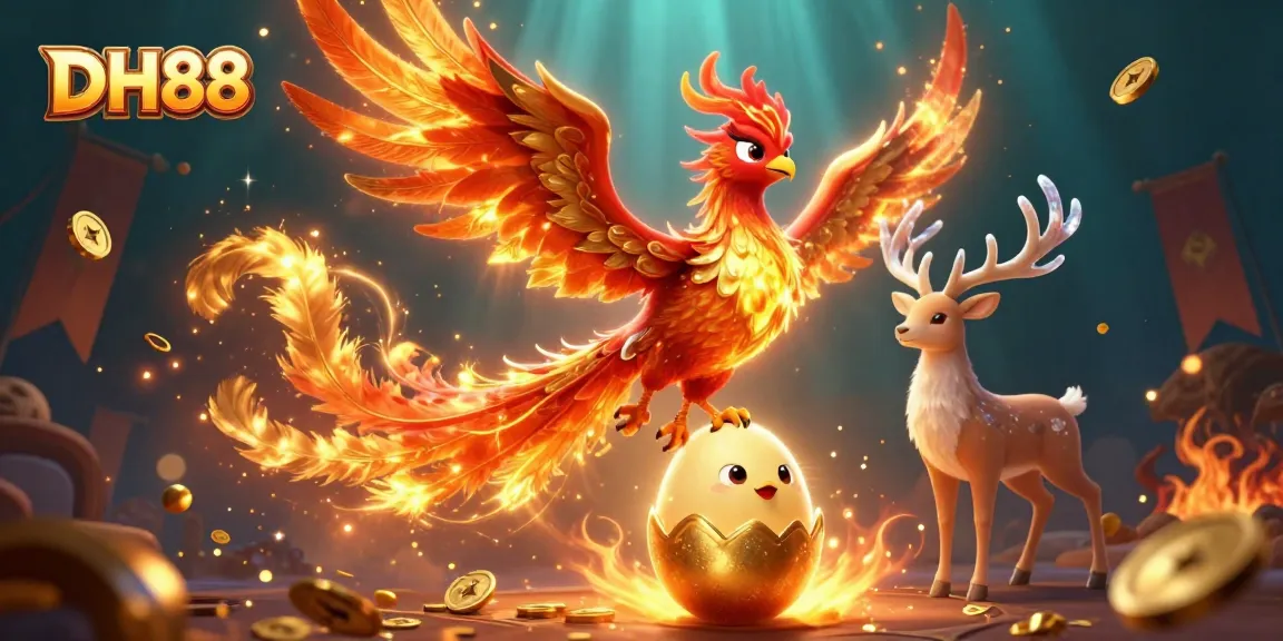 Join the magical world of DH88 and bet on a dazzling phoenix and mystical stag amidst a vibrant casino setting.