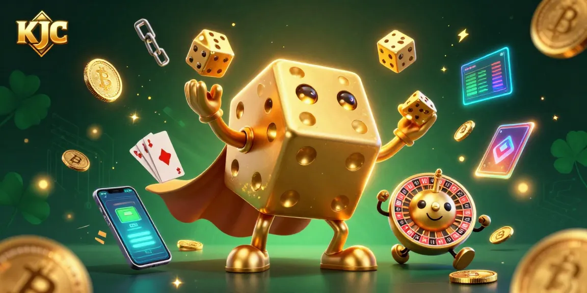 KJC introduces excitement in online gaming, featuring a dynamic golden dice golem juggling coins in a vibrant casino scene.