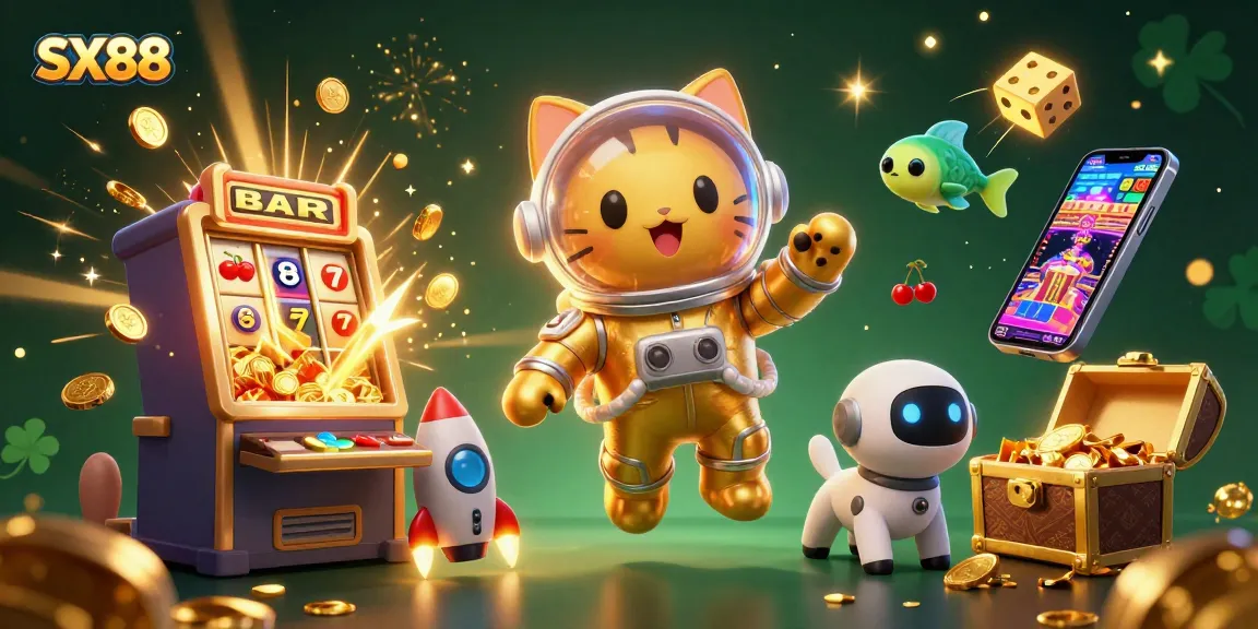 SX88 showcases slot machines and golden coins shimmering in a cosmic scene with colorful gaming elements