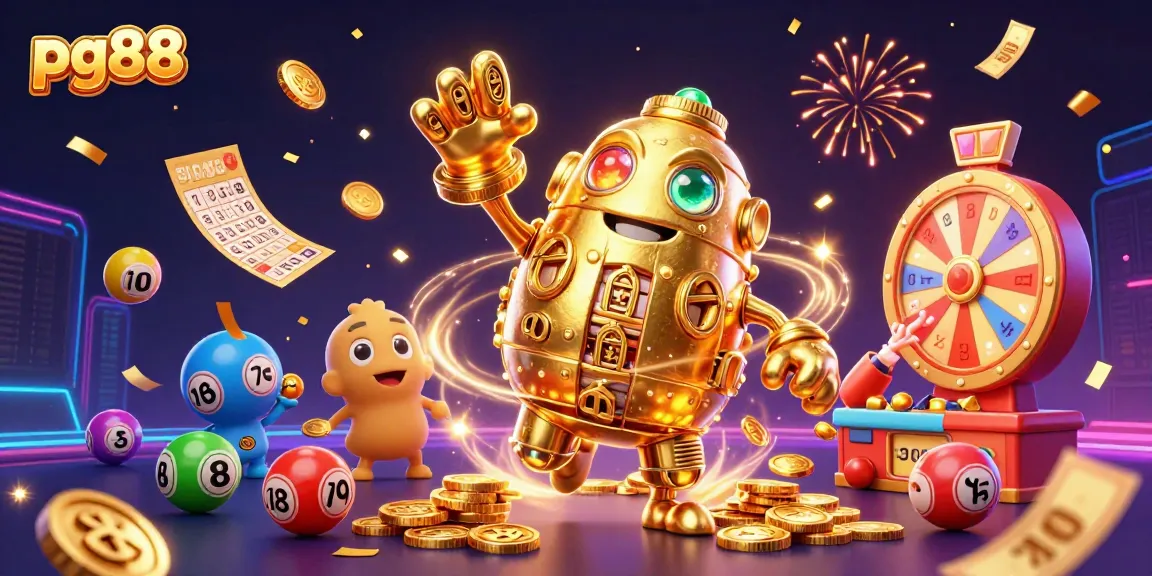 Players engage with exciting games at pg88, surrounded by vibrant slots, lottery balls, and casino elements.