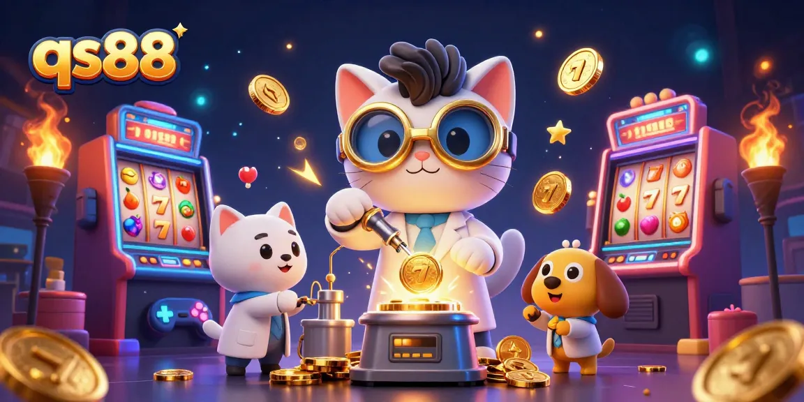 Join the excitement of qs88 with a mad scientist and his dog in a vibrant casino scene featuring colorful slot machines.