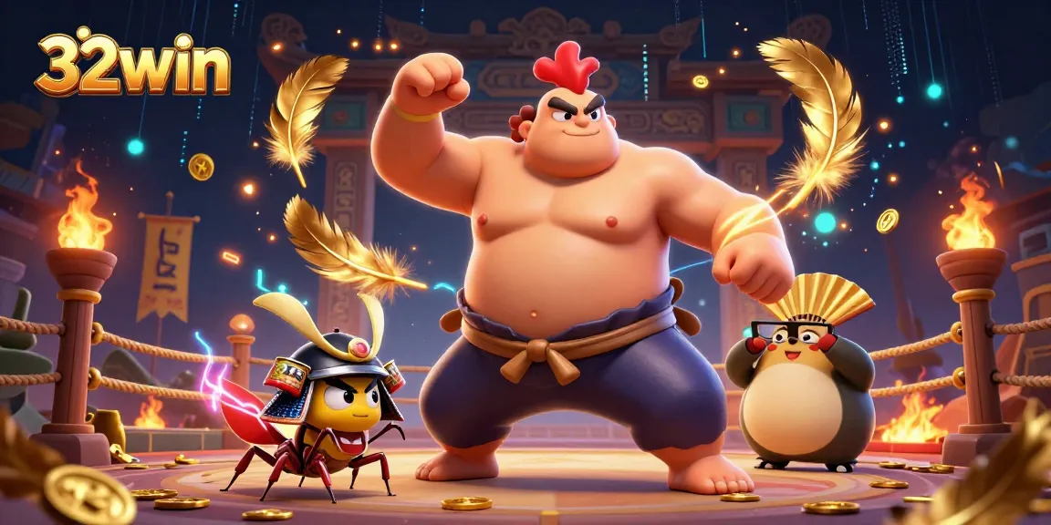 Experience thrilling action at 32win with a 3D sumo rooster and samurai cricket in a vibrant casino arena.