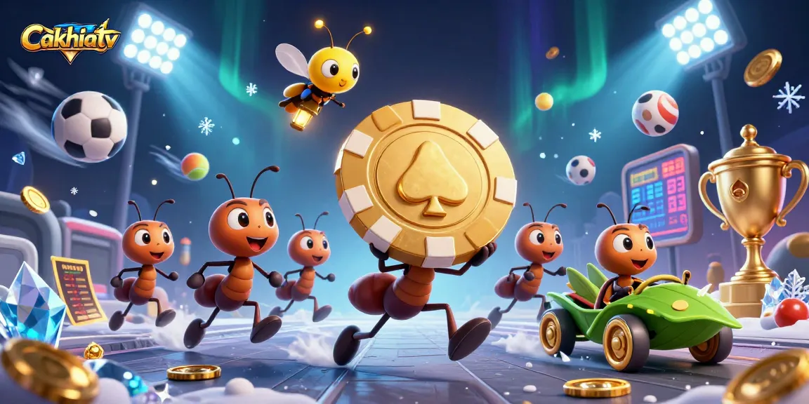 Cakhiatv showcases ants running a heist with a golden poker chip, amidst dynamic sports betting elements.