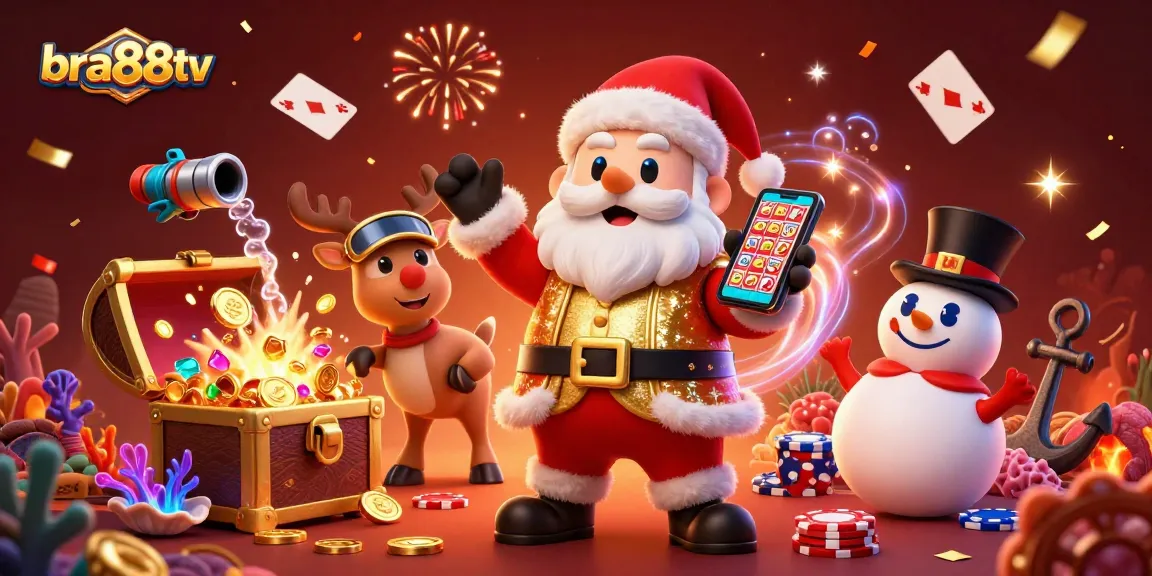 Spin with bra88tv as Santa, a reindeer dealer, and a poker chip snowman celebrate jackpots!