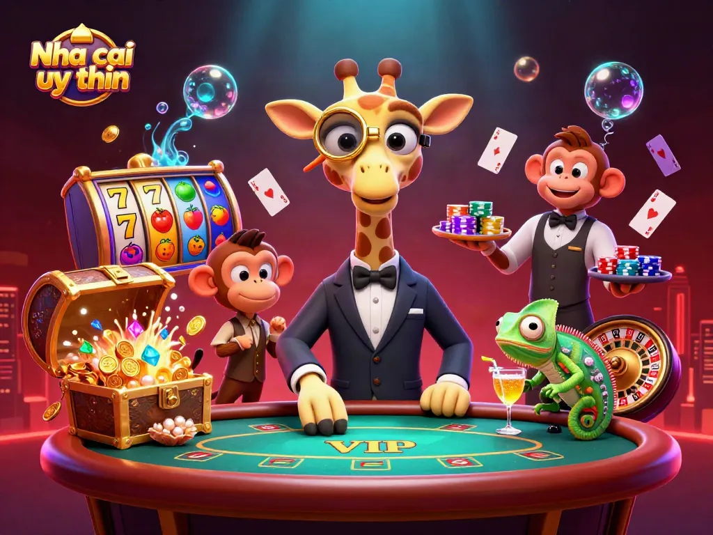 Nha cai uy tin showcases a high-roller giraffe and friends enjoying a vibrant casino setting filled with slots and poker.