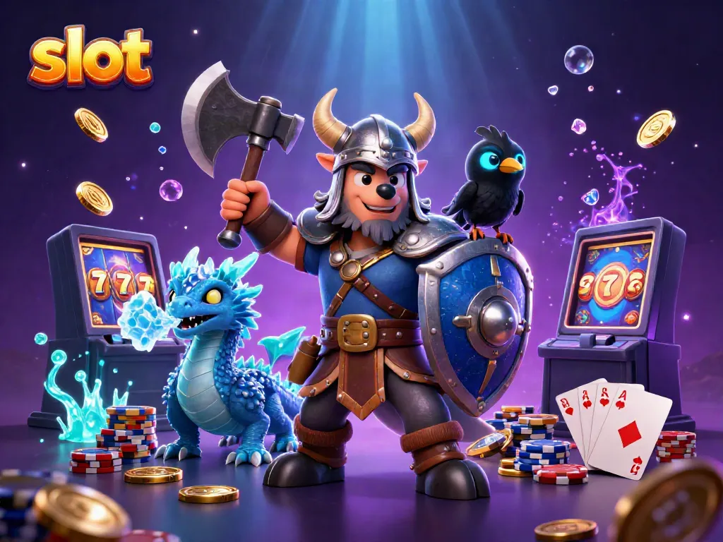 Menggambarkan karakter slot menguntungkan dengan mesin slot, koin emas, dan kartu royal flush