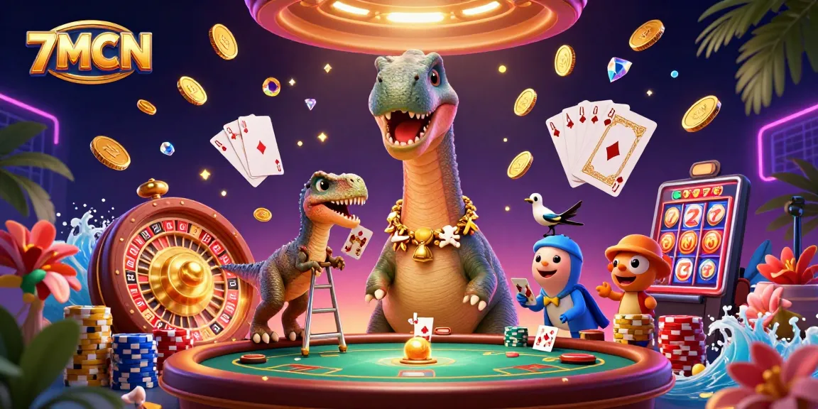 Engage with the rich 3D scene of 7MCN featuring a tall brontosaurus in a casino environment.