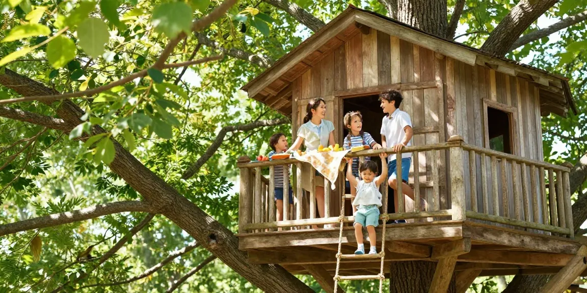 Families enjoying treehouses in a scenic forest, children playing joyfully.
