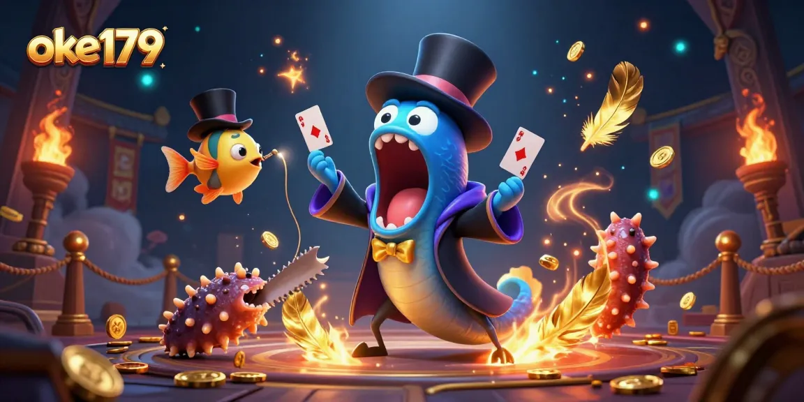 Experience thrilling action at oke179 with card tricks in a vibrant magic arena featuring colorful sea creatures.
