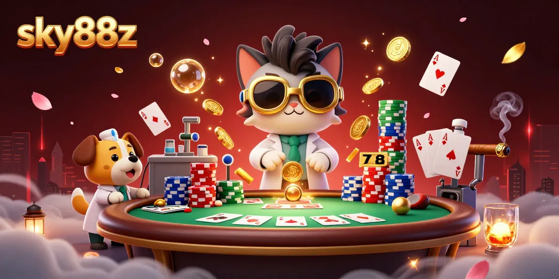 Experience thrilling poker action with sky88z's vibrant cartoon casino scene full of gameplay elements.