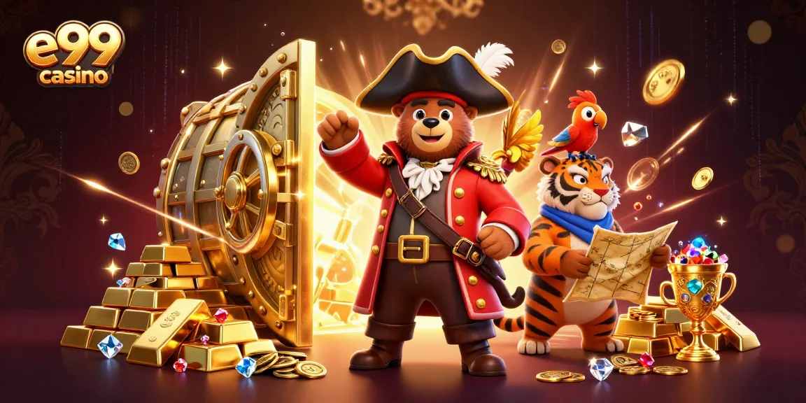 Join the adventure at e99 casino with pirate-themed characters amid gleaming treasures and vibrant energy.