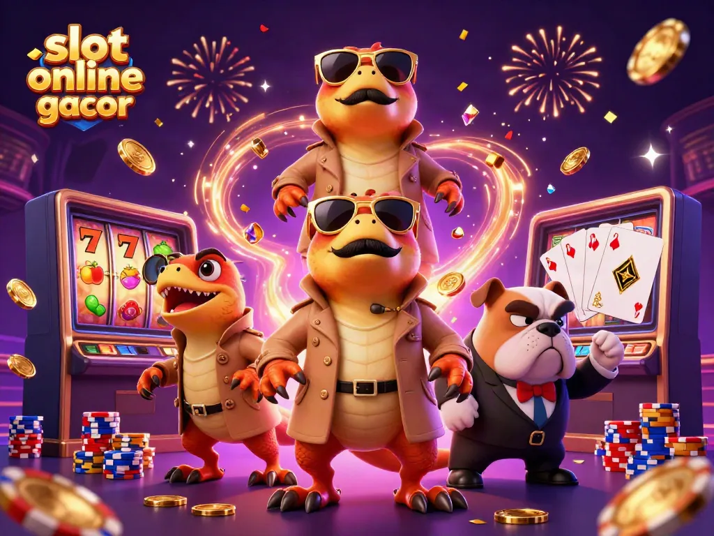 Engage in the thrill of slot online gacor with three raptors in disguise amid dazzling casino elements.