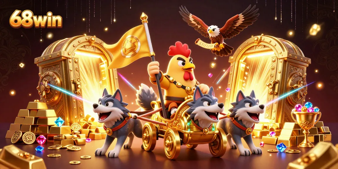 Experience thrilling adventures with 68win's rooster warlord and treasure in a dynamic casino scene.