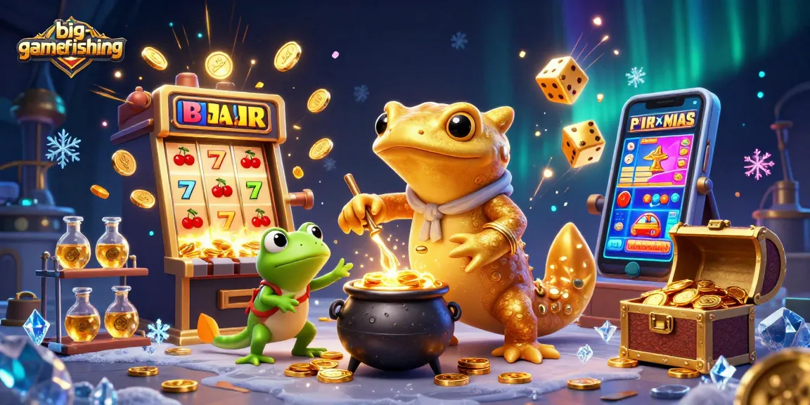 Engage in big-gamefishing with 3D characters, slot machines, and casino excitement in this dynamic scene.