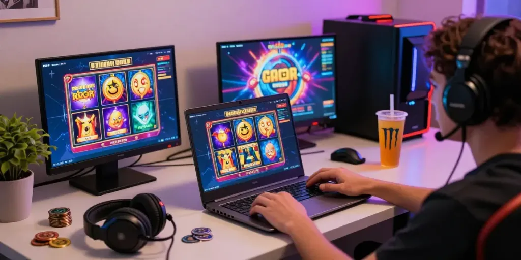 Player enjoying slot gacor games on a laptop in a vibrant home gaming setup.