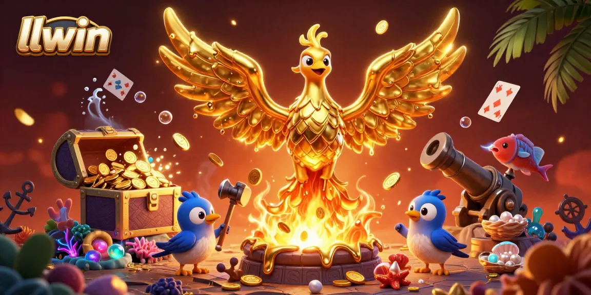 Experience the thrill of gaming at llwin with a golden phoenix, treasures, and dynamic casino elements!