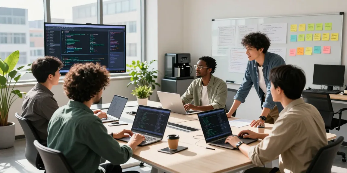 Team collaborating in a modern tech workspace at https://www.bdtjl.app/ with laptops, code displays, and bright city views.