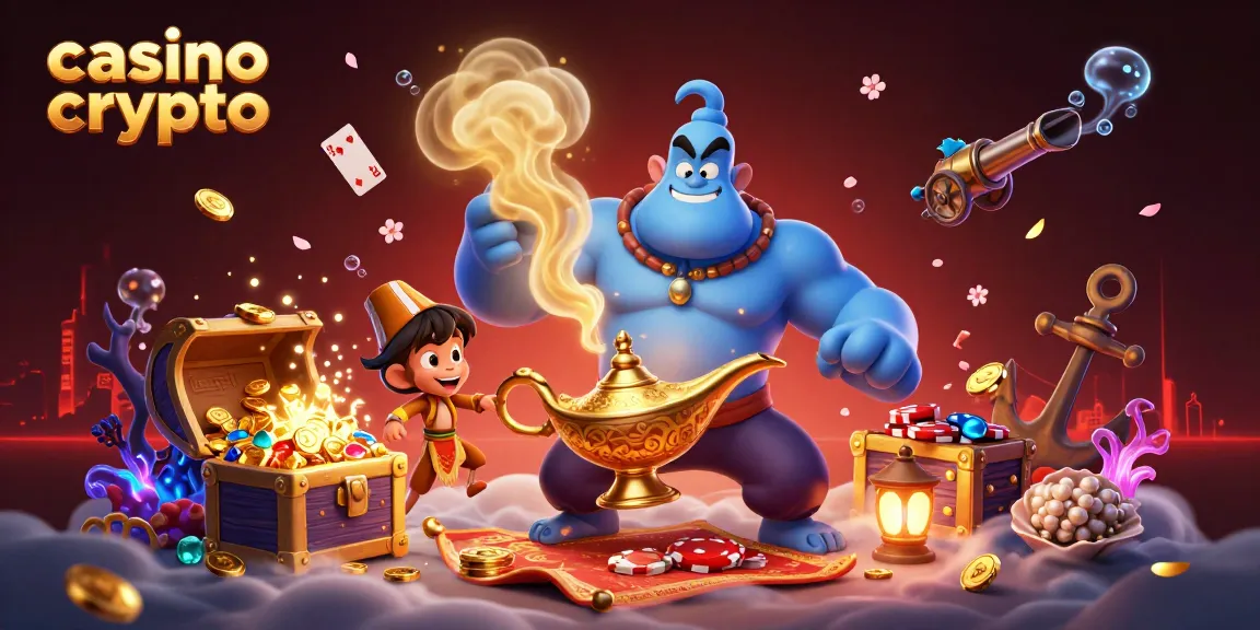 Illustration dynamique de casino crypto avec un génie, un singe et un tapis volant entourés de trésors.