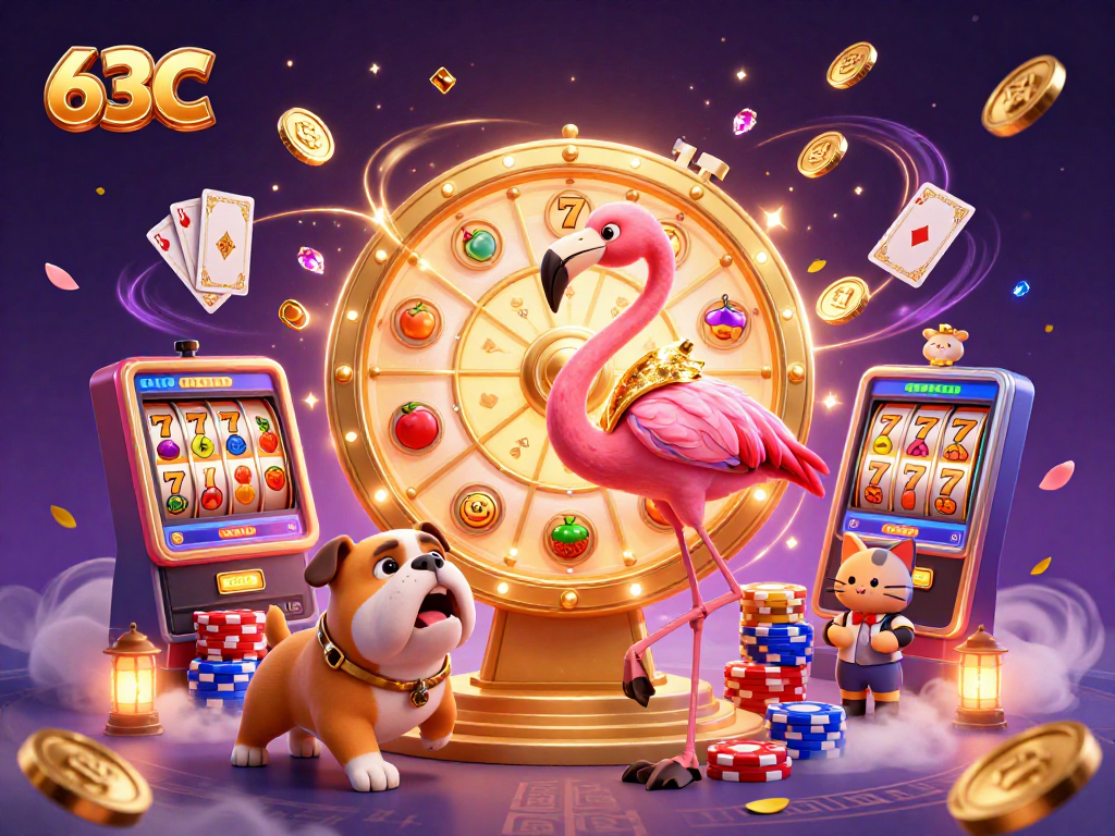 Ganhe prêmios emocionantes com 63C em uma cena de cassino vibrante, personagens animados e muitas moedas douradas.