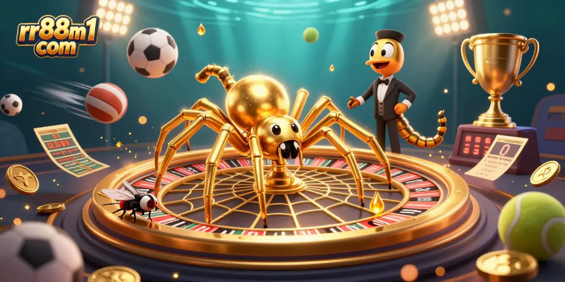 Experience thrilling bets at rr88m1 com with a golden spider web roulette scene featuring lively sports elements.