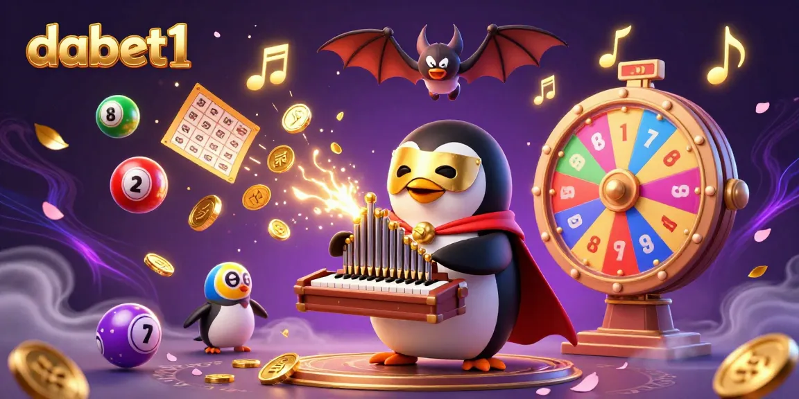 Experience thrilling moments with dabet1 as a phantom opera penguin plays for gold coins in a vibrant casino illustration.
